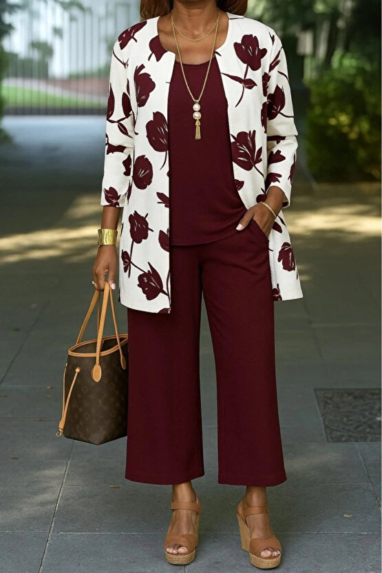 Kadın Uzun Kollu önü Açık Modal Ceket Kolsuz Viskon Iki Iplik Bluz Ve Pantolon üçlü Takım