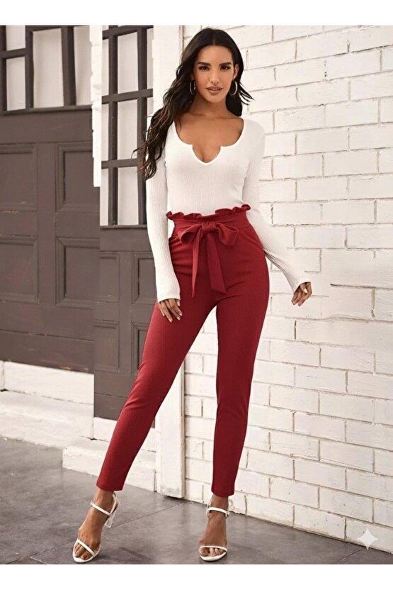 Kadın Yüksek Bel Beli Fırfırlı önden Bağlamalı Ithal Krep Pantolon