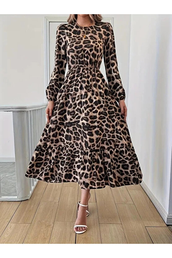 Uzun Kollu Bisiklet Yaka Leopar Desenli Midi Süprem Elbise