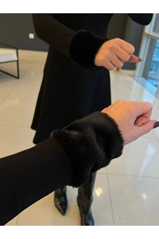 Kadın Uzun Kollu Kürk Yakalı Fermuarlı Kısa Viskon Iki Iplik Elbise