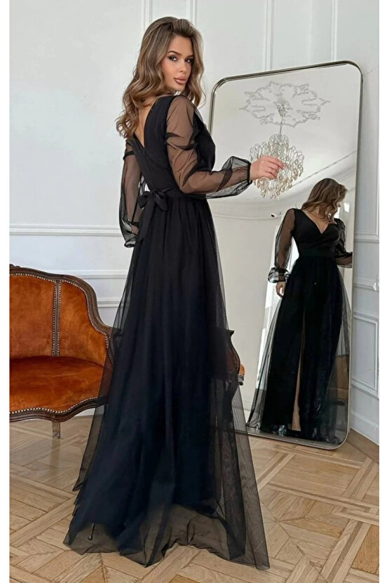 Kadın Uzun Kollu Kruvaze Yakalı Belden Kuşaklı Tüllü Uzun Ithal Krep Elbise