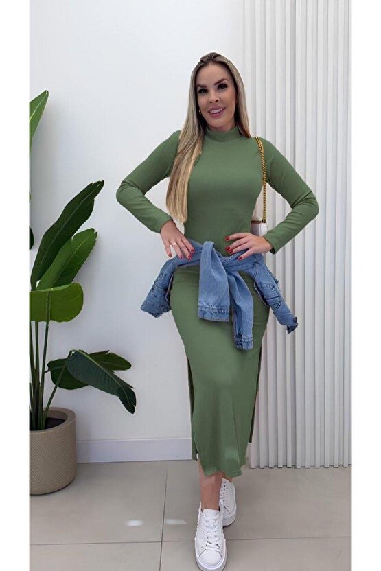 Kadın Uzun Kollu Balıkçı Yakalı Yanlardan Yırtmaçlı Kaşkorse Maxi Elbise