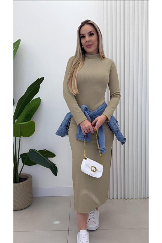 Kadın Uzun Kollu Balıkçı Yakalı Yanlardan Yırtmaçlı Kaşkorse Maxi Elbise