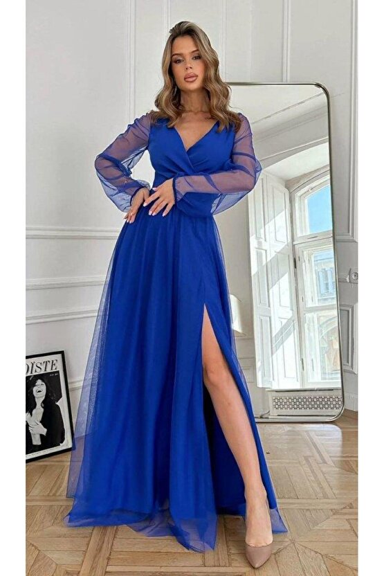 MDB Kadın Uzun Kollu Kruvaze Yakalı Belden Kuşaklı Tüllü Uzun Ithal Krep Elbise