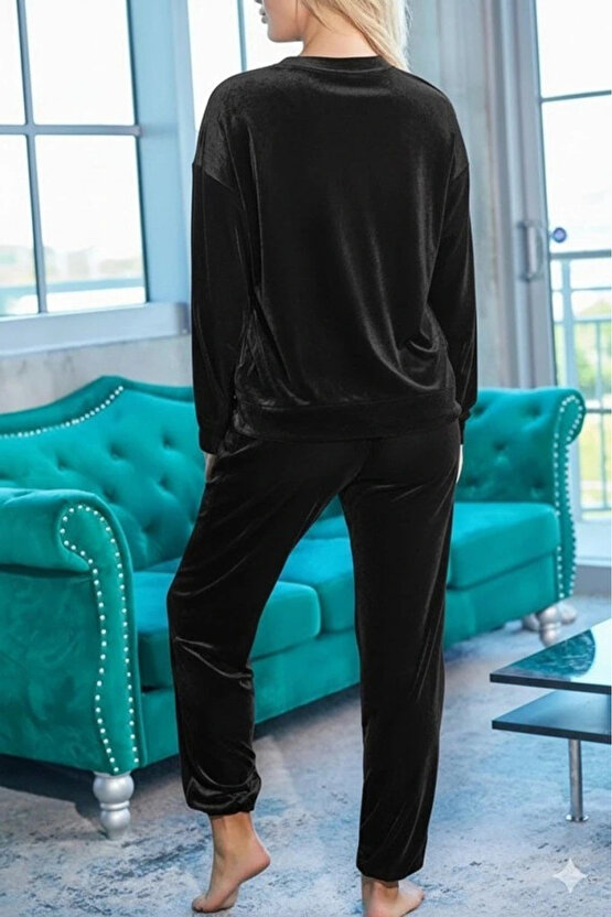 Kadın Uzun Kollu Yuvarlak Yakalı Kadife Bluz Ve Pantolon Takım