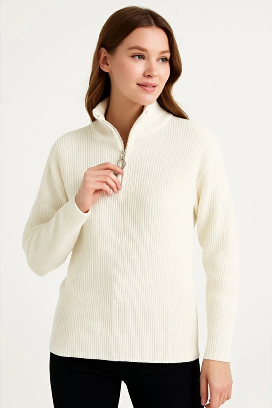 KADIN Yarım Fermuarlı Triko Kazak – Selanik Örgü, Dik Yaka, Pamuklu Dokuma, Oversize Uzun Kollu Kışl