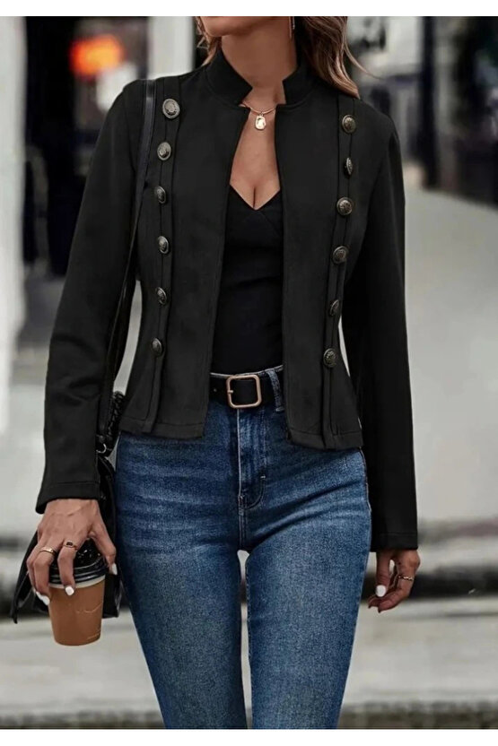 Kadın Uzun Kollu Hakim Yaka Yanlardan Düğmeli Kısa Süet Ceket