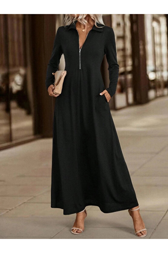 Kadın Uzun Kollu Yakalı önden Fermuarlı Uzun Viskon Iki Iplik Elbise