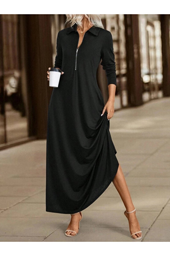 Kadın Uzun Kollu Yakalı önden Fermuarlı Uzun Viskon Iki Iplik Elbise