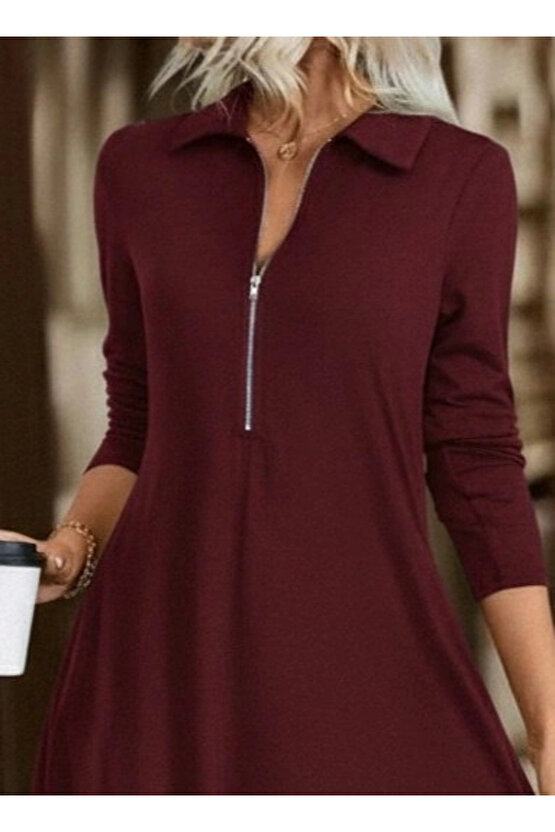 Kadın Uzun Kollu Yakalı önden Fermuarlı Uzun Viskon Iki Iplik Elbise