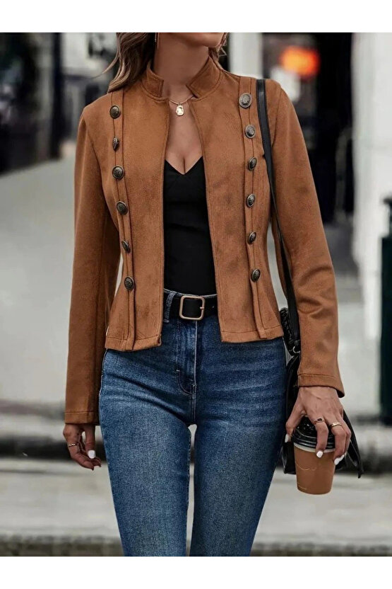 Kadın Uzun Kollu Hakim Yaka Yanlardan Düğmeli Kısa Süet Ceket