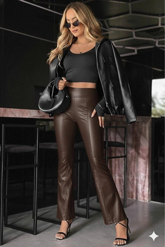 Kadın Yüksek Bel Paçaya Doğru Geniş Deri Pantolon