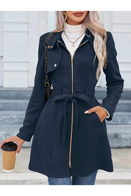 Kadın Uzun Kollu Boyundan Düğmeli Fermuarlı Beli Kuşaklı Süet Ceket