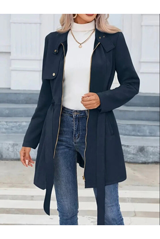 Kadın Uzun Kollu Boyundan Düğmeli Fermuarlı Beli Kuşaklı Süet Ceket