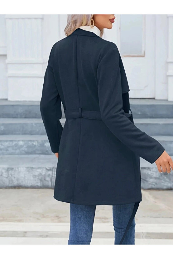 Kadın Uzun Kollu Boyundan Düğmeli Fermuarlı Beli Kuşaklı Süet Ceket