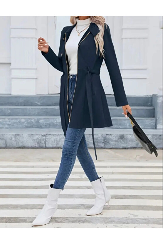 Kadın Uzun Kollu Boyundan Düğmeli Fermuarlı Beli Kuşaklı Süet Ceket