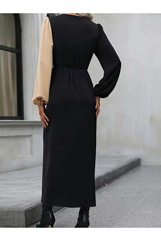 Kadın Uzun Kollu Kruvaze Yakalı Belden çapraz Detaylı çift Renkli Midi Ithal Krep Elbise