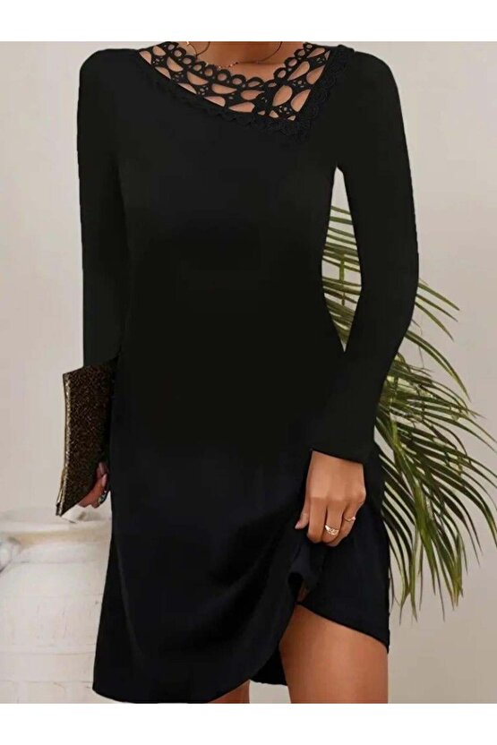 Kadın Uzun Kollu Dantel Yaka Ithal Krep Mini Elbise