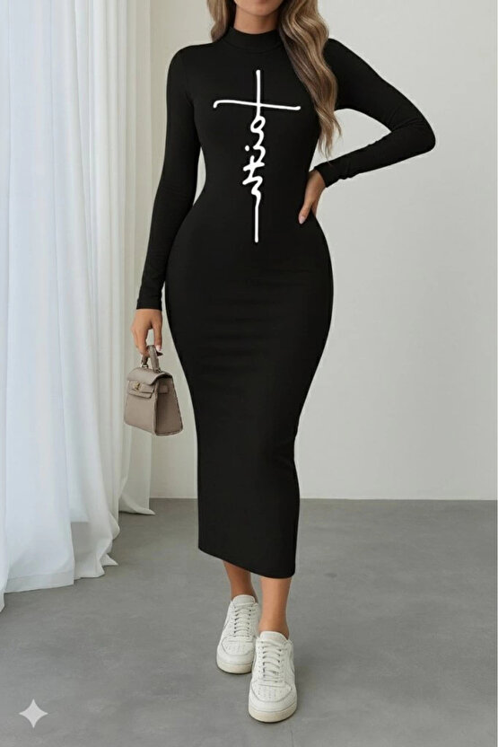 Kadın Uzun Kollu Boğazlı Baskı Detaylı Viskon Tam Boy Elbise