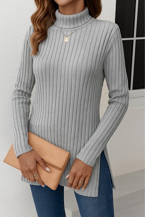 EQURİ Kadın Uzun Kollu Balıkçı Yaka Yandan Yırtmaçlı şardonlu Kaşkorse Bluz