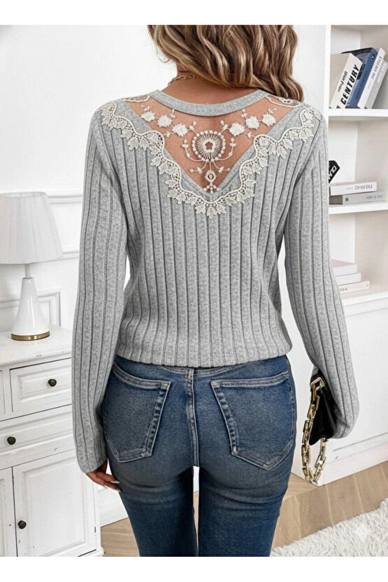 Kadın Uzun Kollu V Yakalı Arkadan Dantel Detaylı şardonlu Kaşkorse Bluz