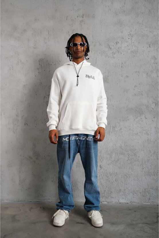 EQURİ Erkek Oversize Üç İplik Kapüşonlu Sweat – Kol Ve Etek Ribana Detaylı, Ön Ve Sırt Baskılı, Kang