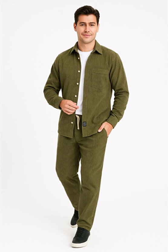 Erkek Kadife Oversize Takım – Gömlek Ve Pantolon İkili Set Füme Corduroy Şıklığı, Rahat Ve Zarif Dur