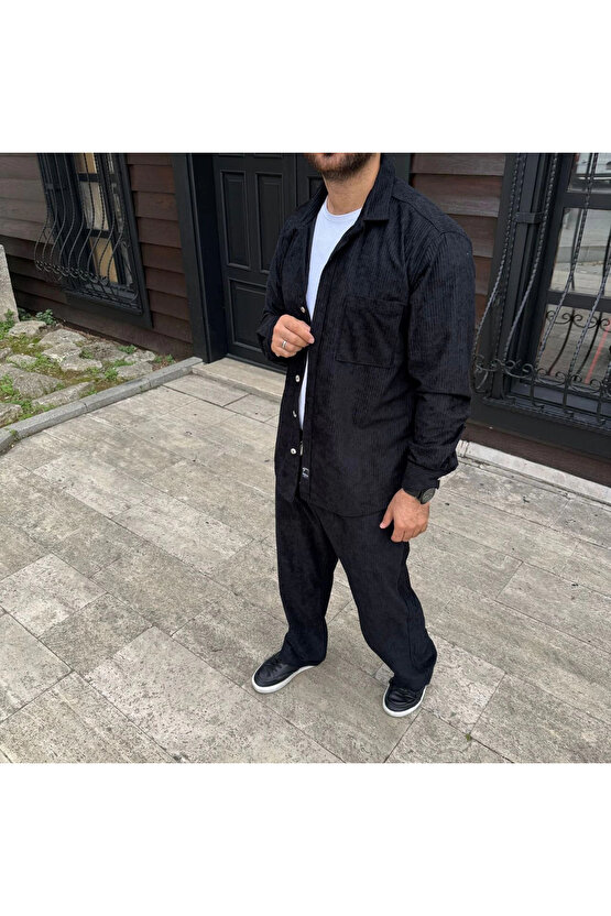 Erkek Kadife Oversize Takım – Gömlek ve Pantolon İkili Set Füme Corduroy Şıklığı, Rahat ve Zarif Dur