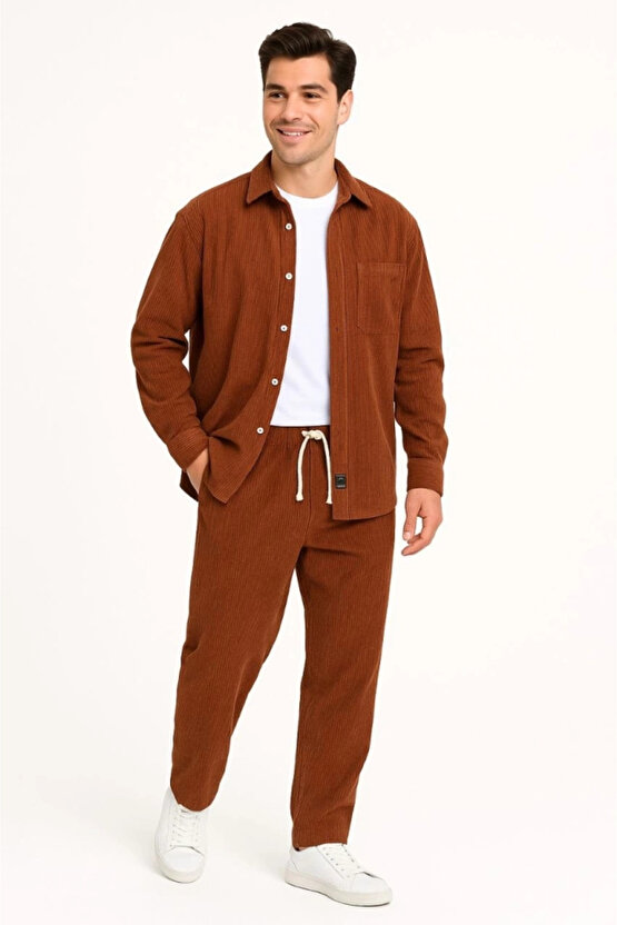 Erkek Kadife Oversize Takım – Gömlek Ve Pantolon İkili Set Füme Corduroy Şıklığı, Rahat Ve Zarif Dur
