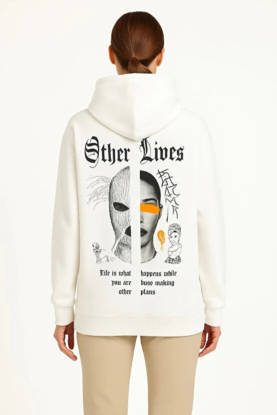 Oversize Üç İplik Şardonlu Kapüşonlu Sweatshirt – Beyaz Other Lives Ön Ve Arka Baskılı, Kang