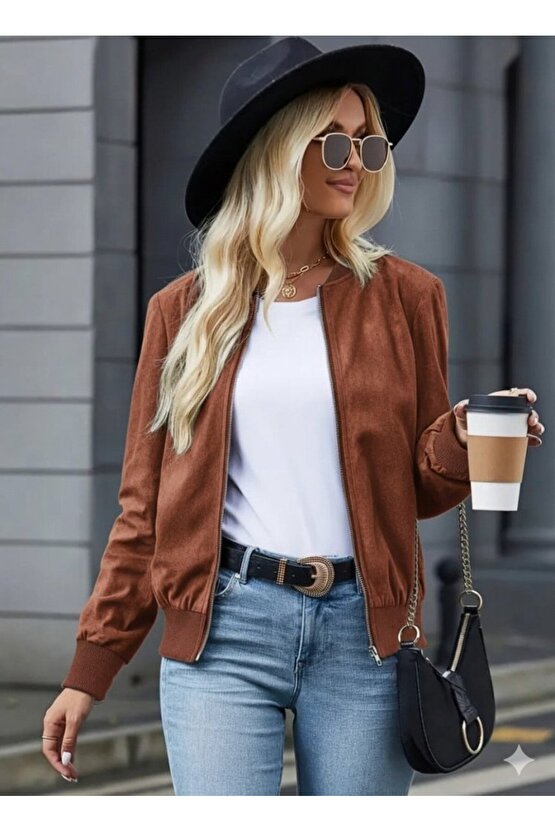 Kadın Uzun Kollu önden Fermuarlı Süet Ceket