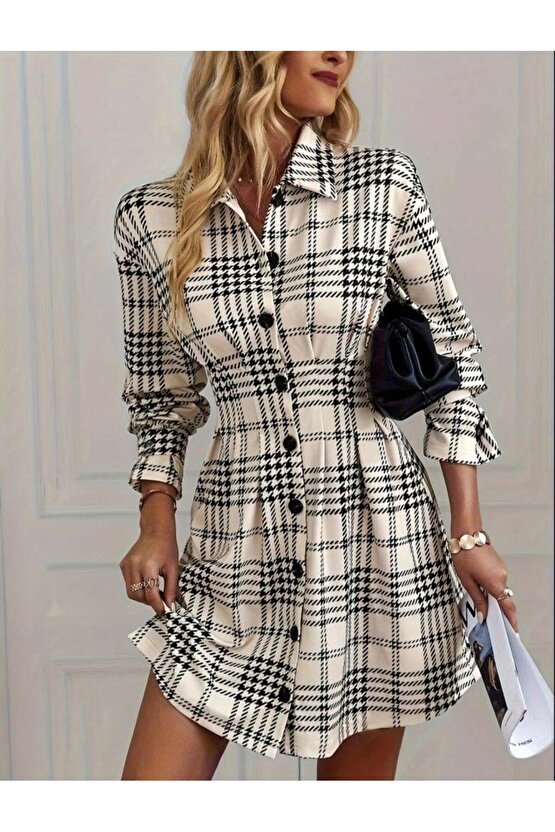 Kadın Uzun Kollu Yakalı önü Düğmeli Mini Modal Elbise