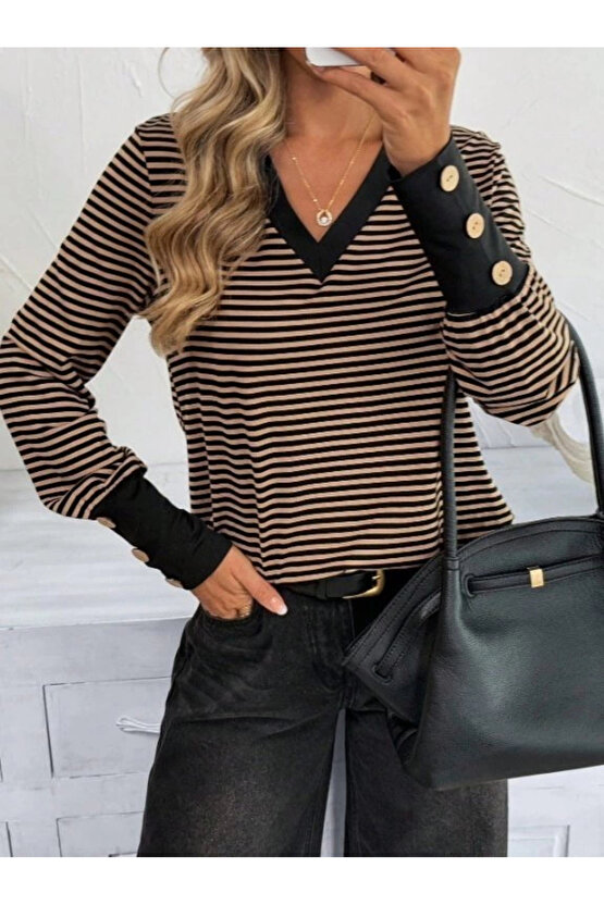 Kadın Uzun Kollu V Yakalı Desenli Süprem Bluz