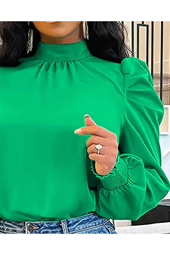 Kadın Uzun Kollu Balıkçı Yaka Arkadan Bağlamalı Omuzlardan Balon Ithal Krep Bluz