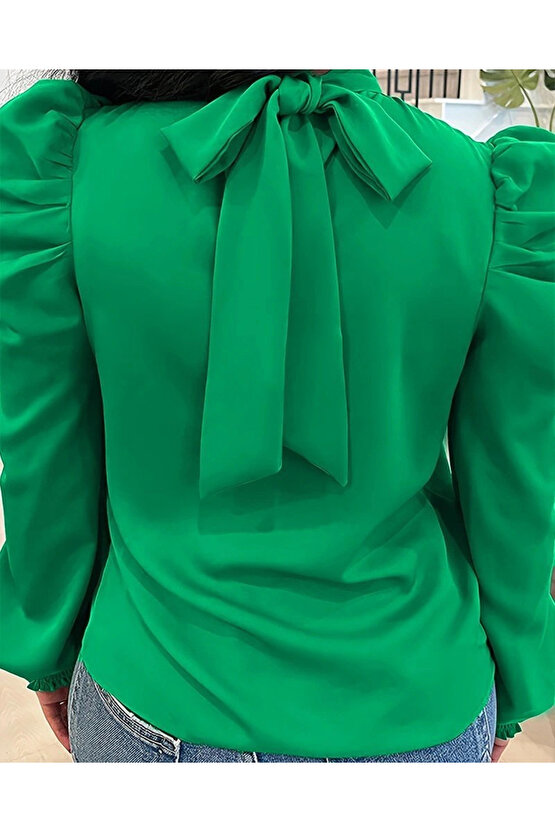 Kadın Uzun Kollu Balıkçı Yaka Arkadan Bağlamalı Omuzlardan Balon Ithal Krep Bluz