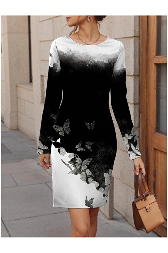 Kadın Uzun Kollu Bisiklet Yaka çiçek Desenli Kısa şardonlu Dalgıç Elbise