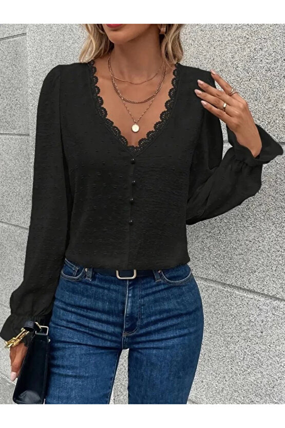 MDB Kadın Uzun Kollu V Yakalı önden Düğmeli Bluz