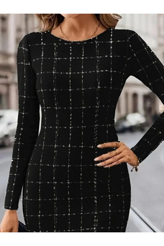 MDB Kadın Uzun Kollu Yuvarlak Yaka Mini Dokuma Elbise