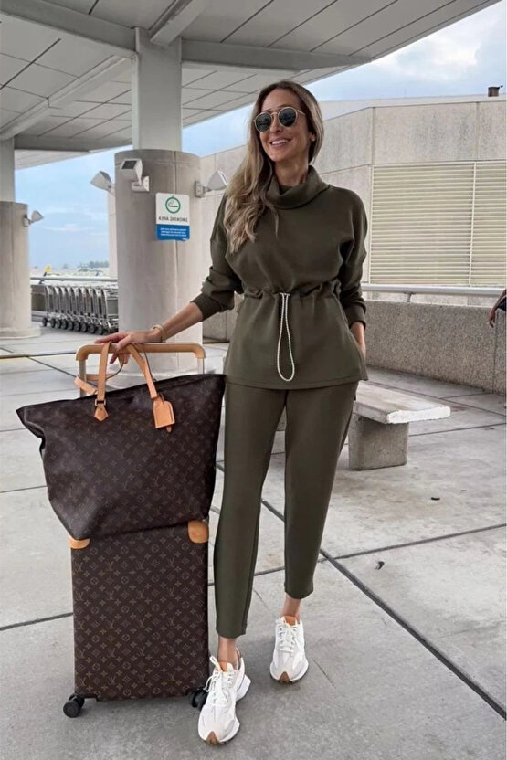 Kadın Uzun Kollu Balıkçı Yaka Belden Lastikli Modal Bluz Ve Pantolon Ikili Takım