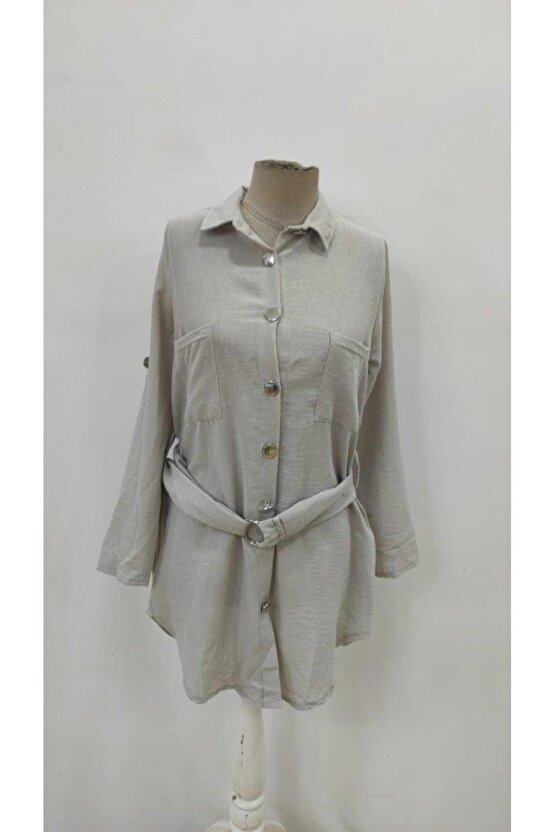 Kadın Uzun Kollu Yakalı önden Düğmeli Beli Kuşaklı Mini Ithal Keten Elbise