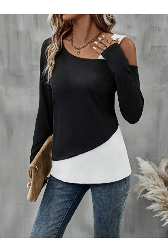 Kadın Tek Omuzu Açık Askılı çift Renkli Uzun Kollu Viskon Bluz