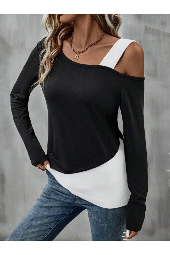 Kadın Tek Omuzu Açık Askılı çift Renkli Uzun Kollu Viskon Bluz