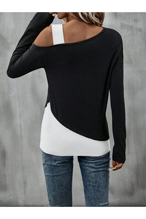 Kadın Tek Omuzu Açık Askılı çift Renkli Uzun Kollu Viskon Bluz