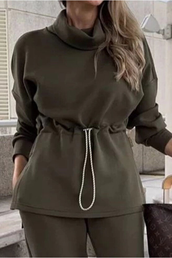 Kadın Uzun Kollu Balıkçı Yaka Belden Lastikli Modal Bluz Ve Pantolon Ikili Takım