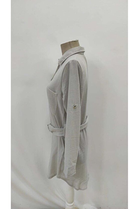 Kadın Uzun Kollu Yakalı önden Düğmeli Beli Kuşaklı Mini Ithal Keten Elbise