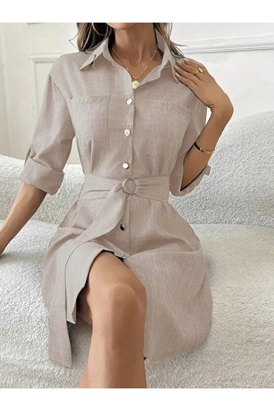 Kadın Uzun Kollu Yakalı önden Düğmeli Beli Kuşaklı Mini Ithal Keten Elbise
