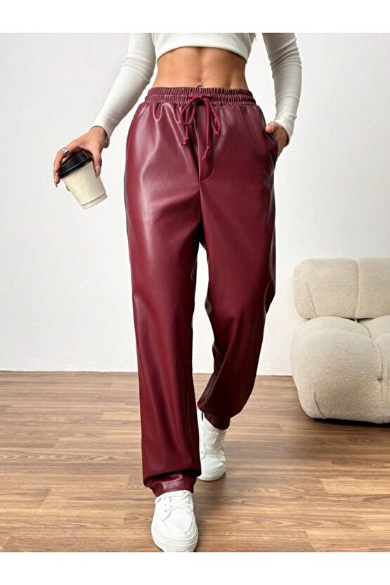 EQURİ Kadın Yüksel Bel Bağcıklı Deri Pantolon