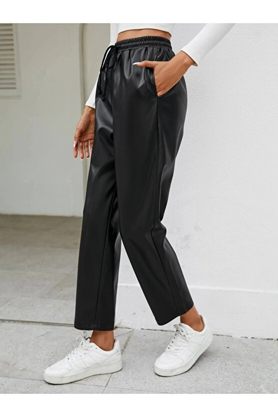 Kadın Yüksel Bel Bağcıklı Deri Pantolon