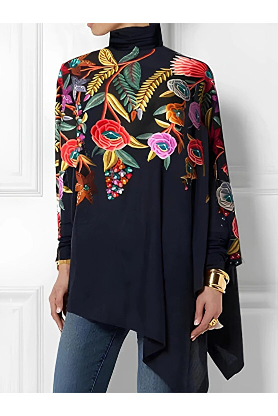 Kadın Uzun Kollu Balıkçı Yaka Asimetrik Kesim Mikro Bluz