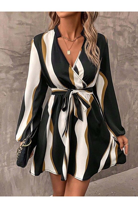 Kadın Uzun Kollu Kruvaze Yakalı Desenli Modal Mini Elbise